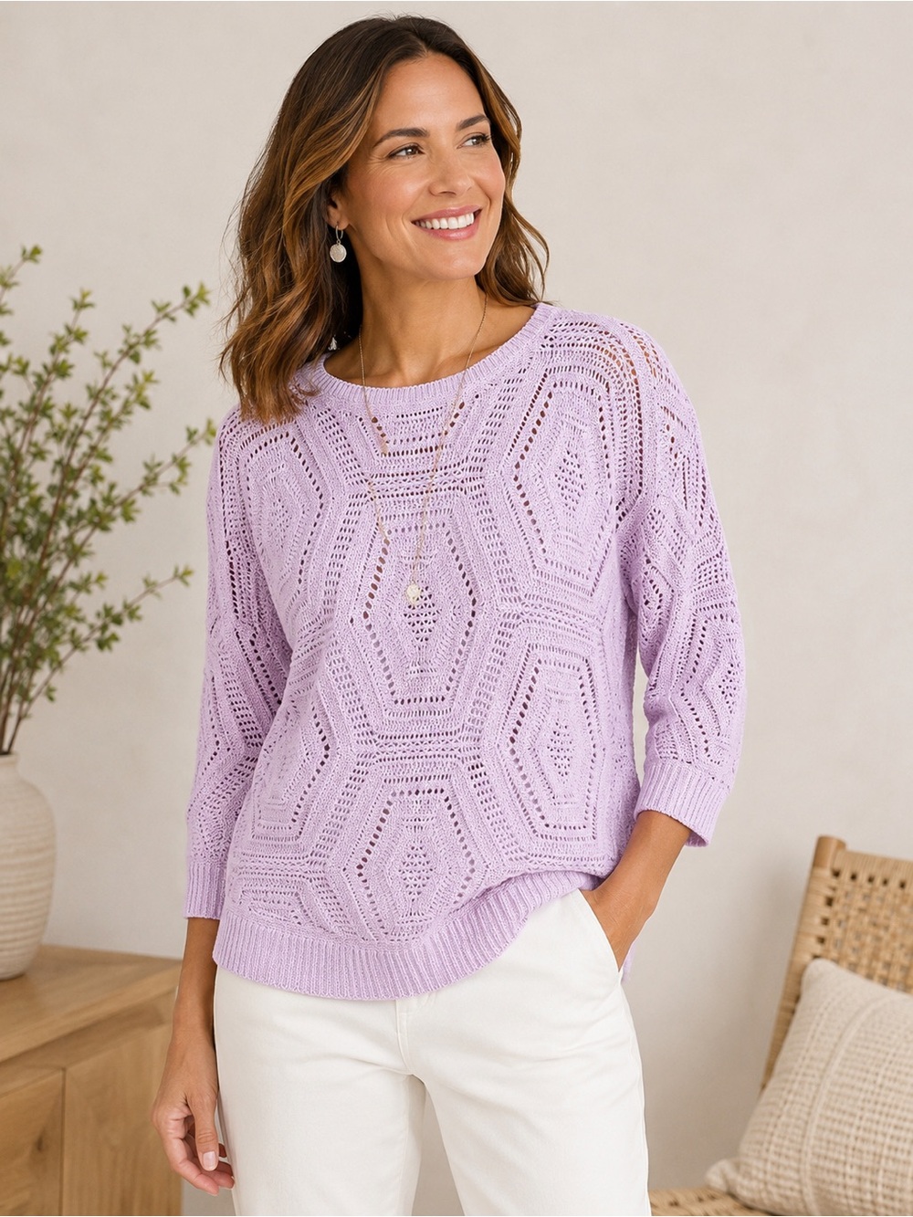 NWT J Jill Womens S Misty Lilac Crochet Sweater Open Knit Cotton 3/4 Sleeve